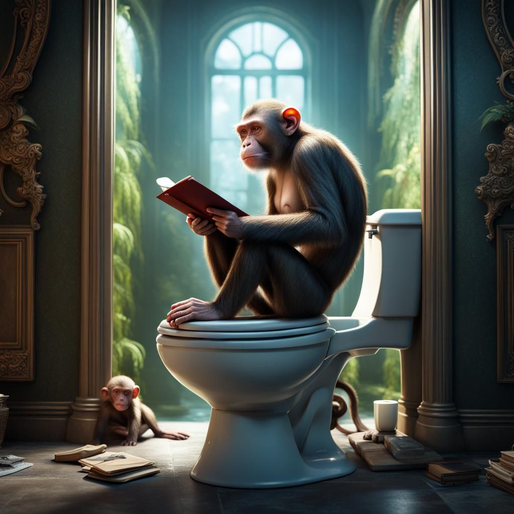 Monkey Sitting on Toilet Reading