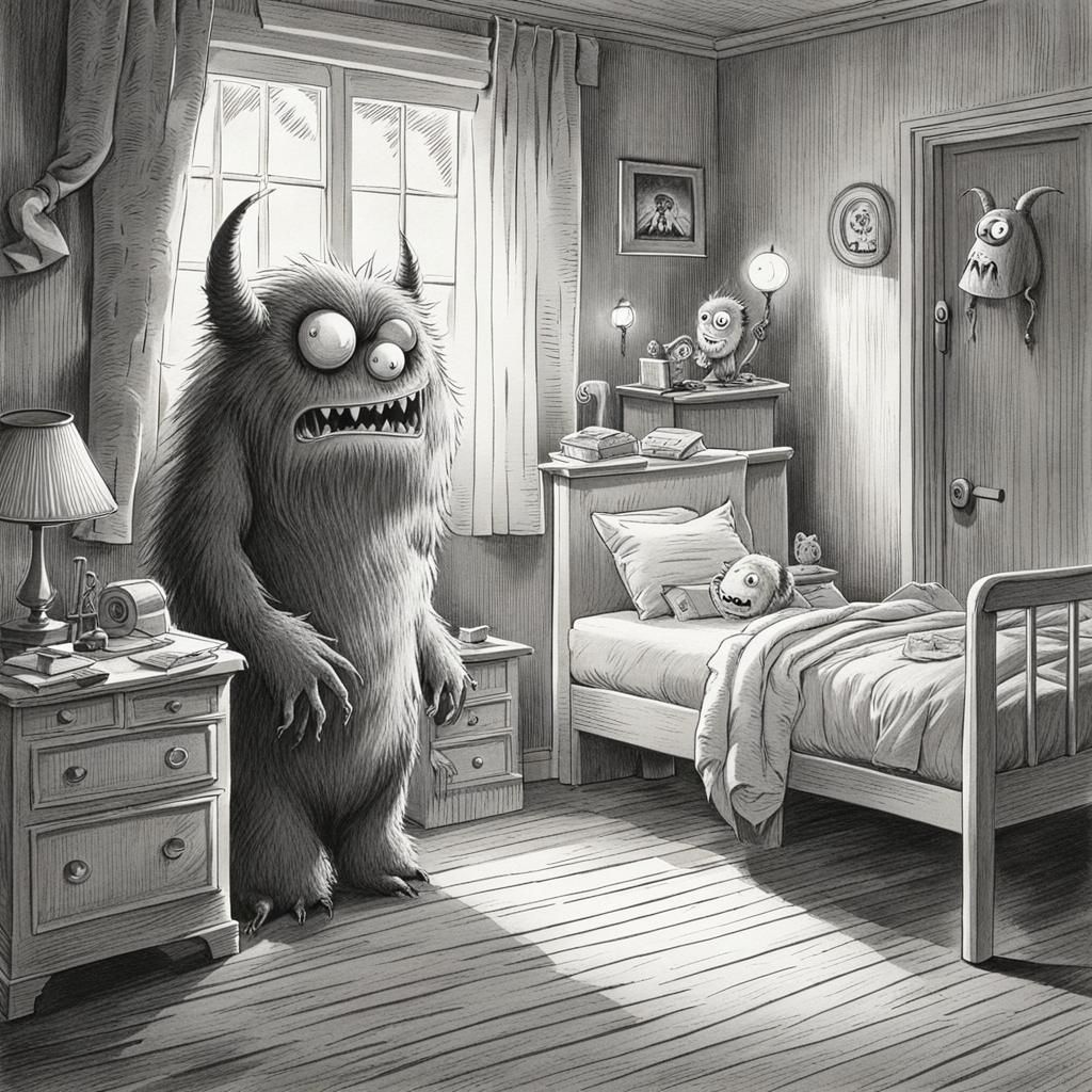 Charming Monster Scares Child: Pencil Illustration