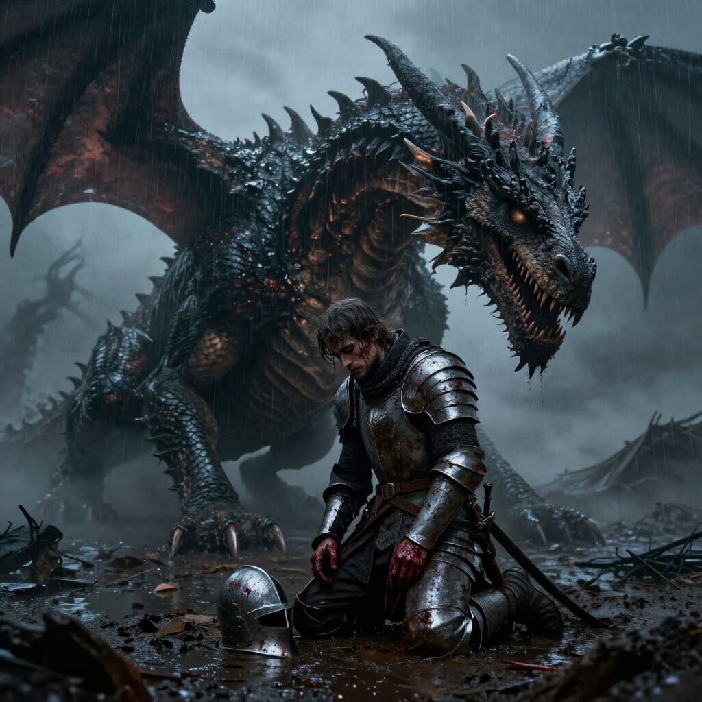 Weary Knight Offers Mercy to Dying Dragon in Grimdark Fantas...