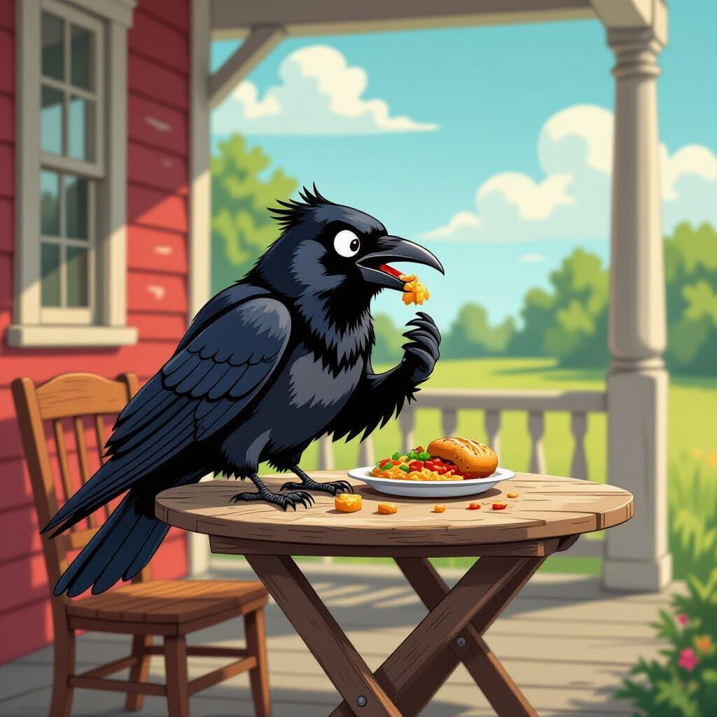 Cartoon Crow Feast on Farmhouse Porch