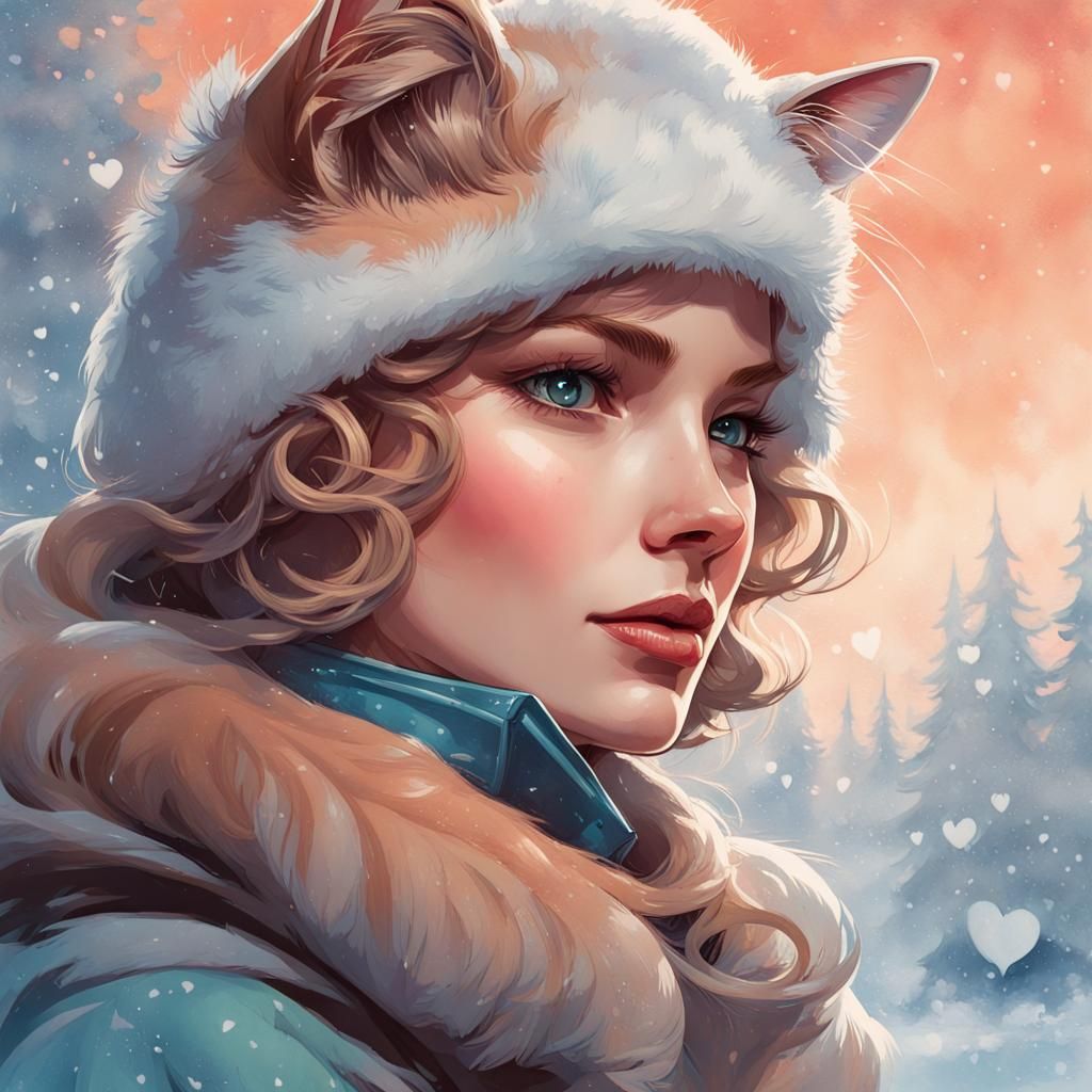 Vintage Watercolor Portrait: Princess with Cats in Winter