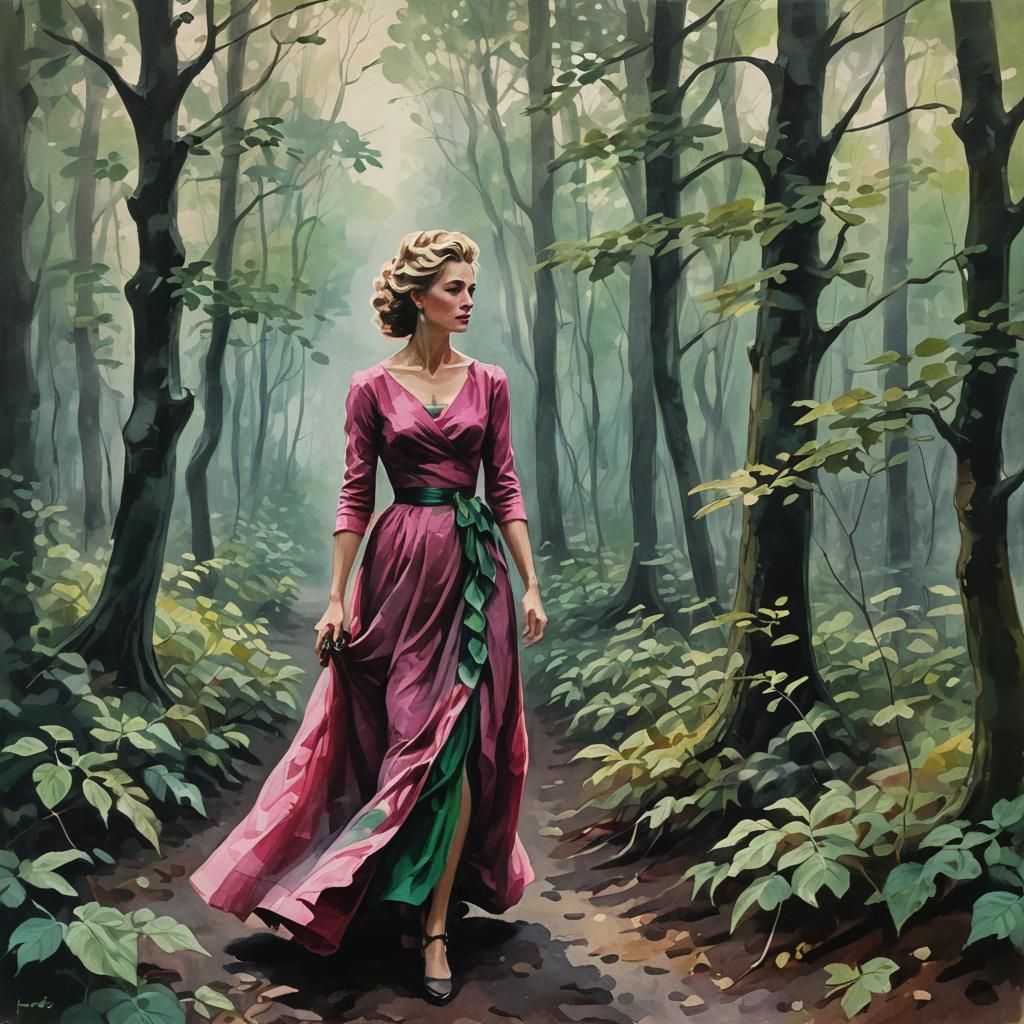 Woman in Forest, Gouache and Watercolor Style