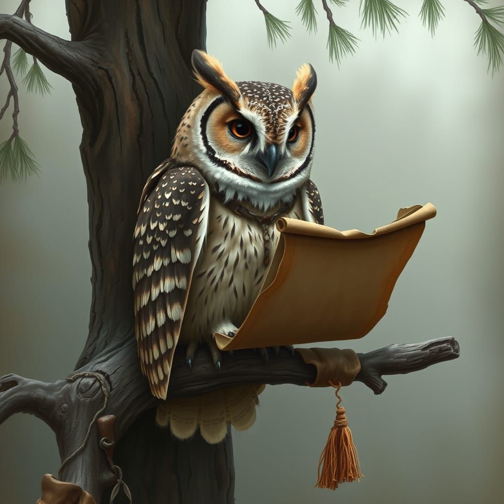 Majestic Owl Reads Scroll in Fantasy Art Style