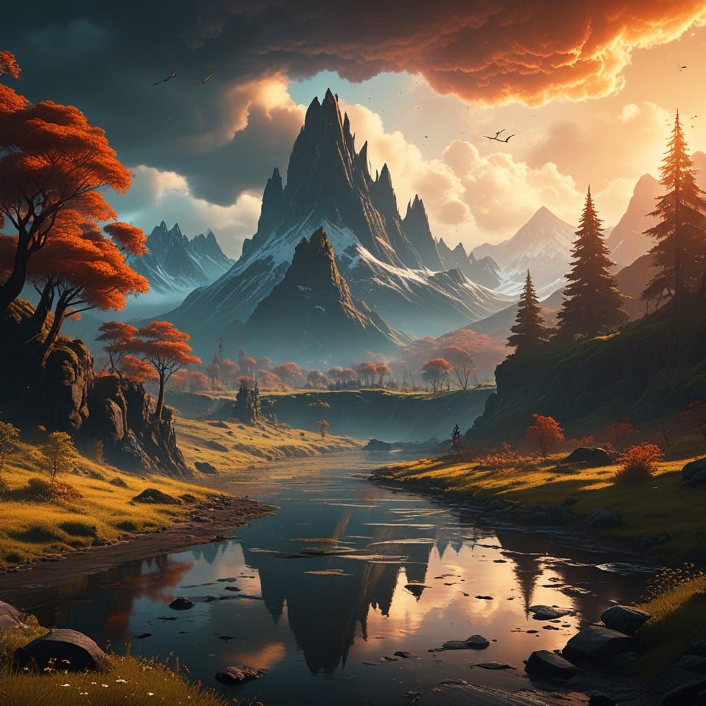 Ethereal Fantasy Realm with Snow-Capped Peaks and Golden Lav...
