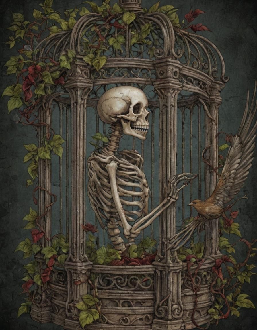 Gothic Skeleton Gazing at Sparrow in Birdcage