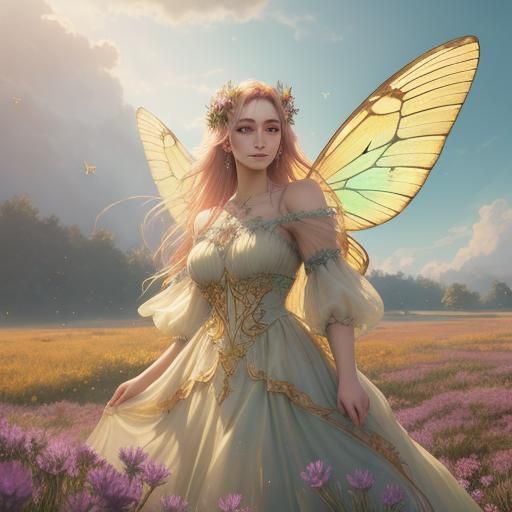 Ethereal Girl with Butterfly Wings in Dreamy Meadow