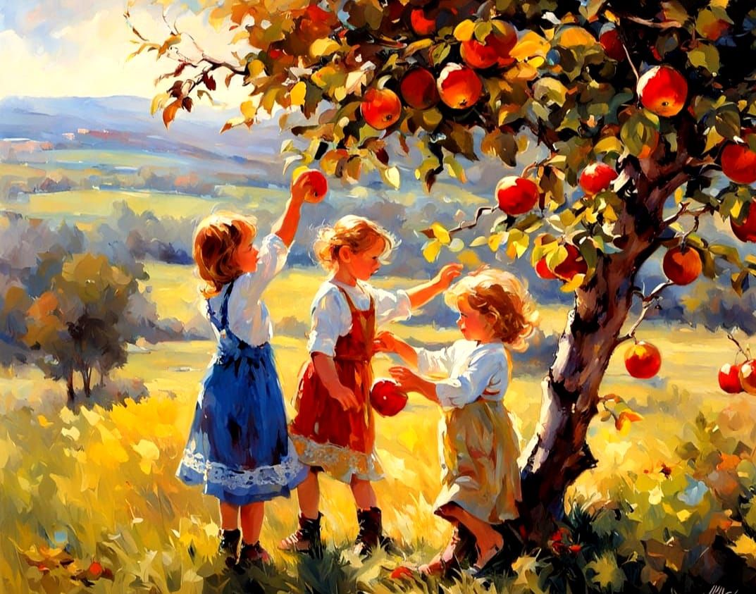 Children Picking Apples in Autumn Meadow Impasto Painting