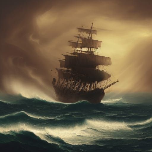 Tall Ship Battles Violent Storm Under Crimson Sunrise