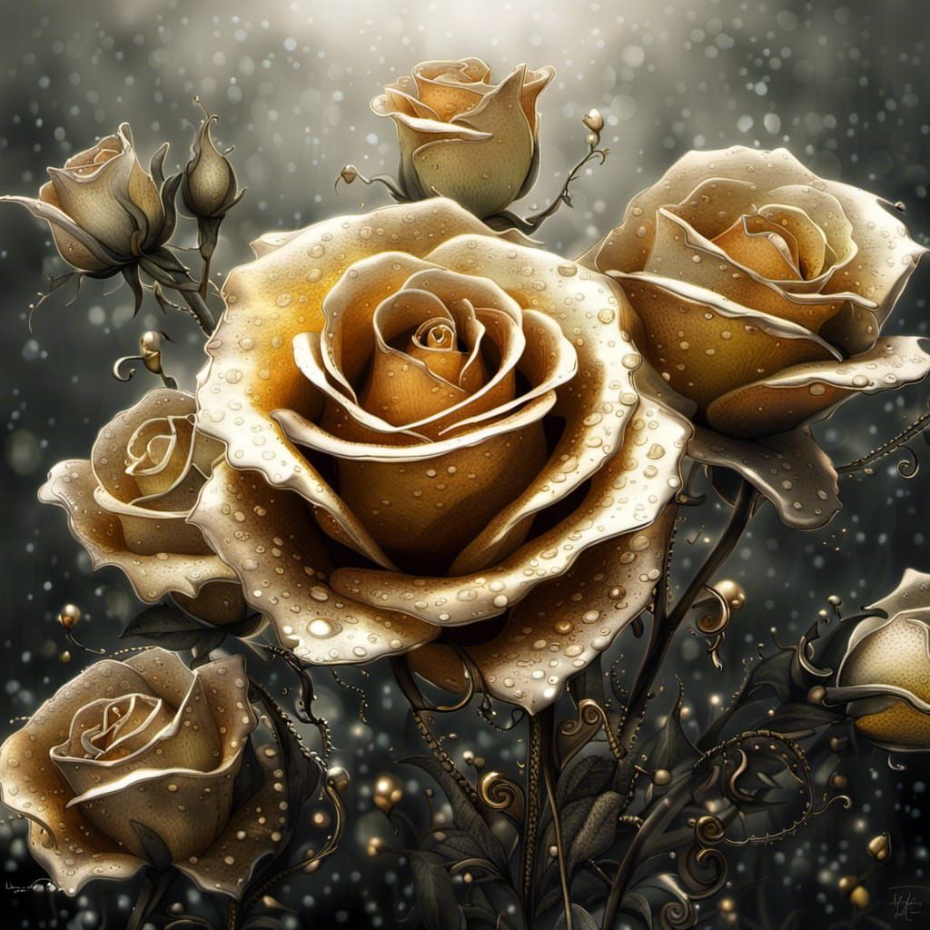 Dew-Kissed Roses in Sparkling Digital Art Style