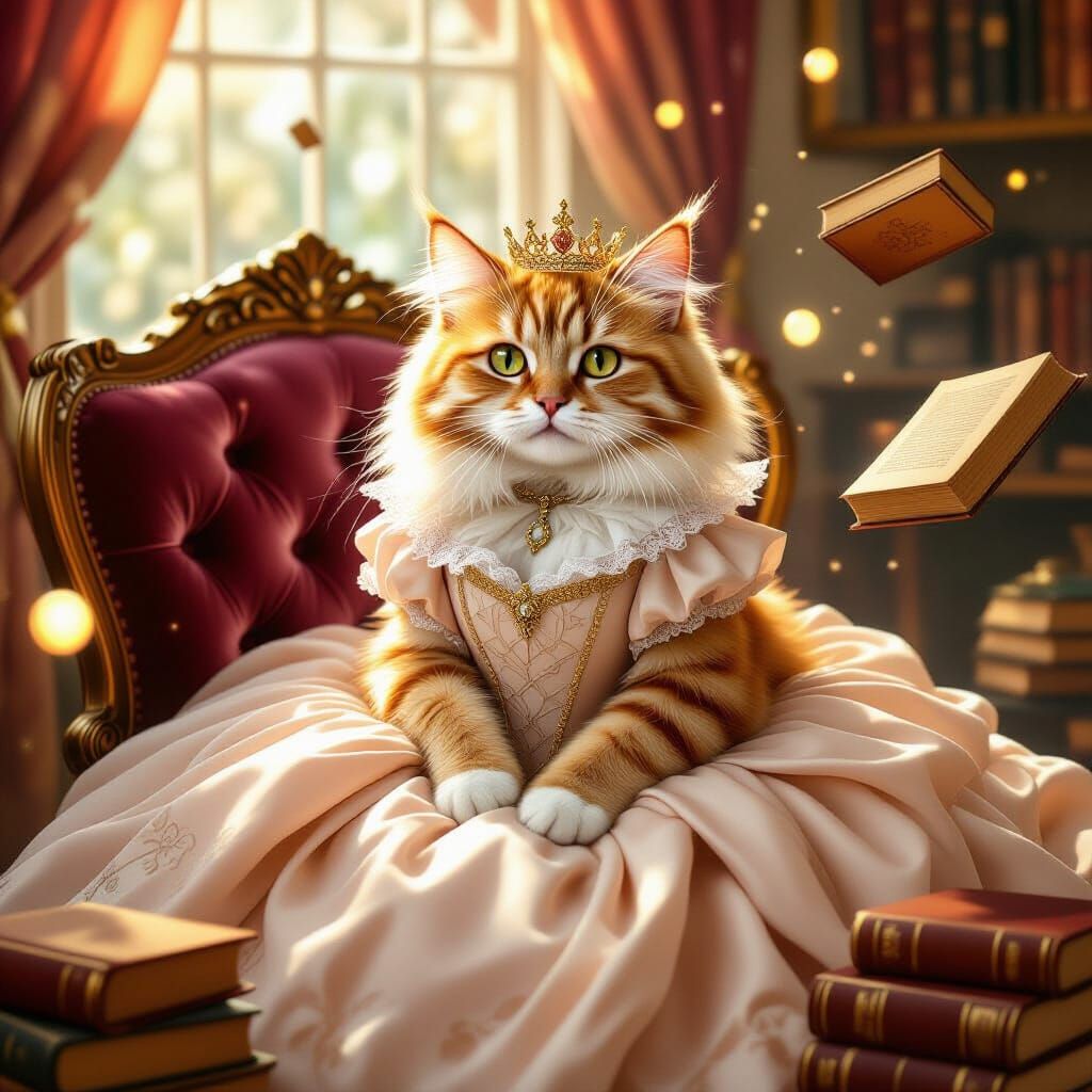 Ginger Cat in Gown with Crown, Hyperrealistic Art