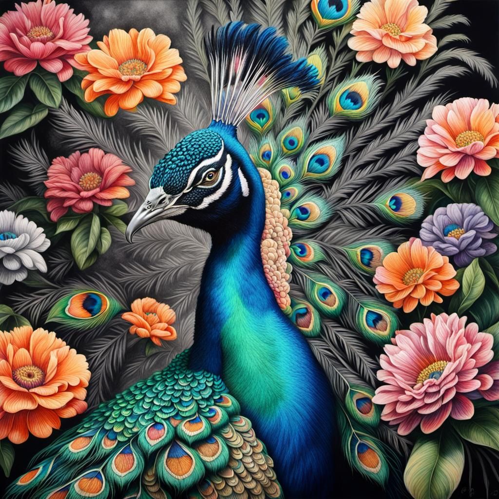 Vibrant Peacock Portrait in Intricate Charcoal Drawing