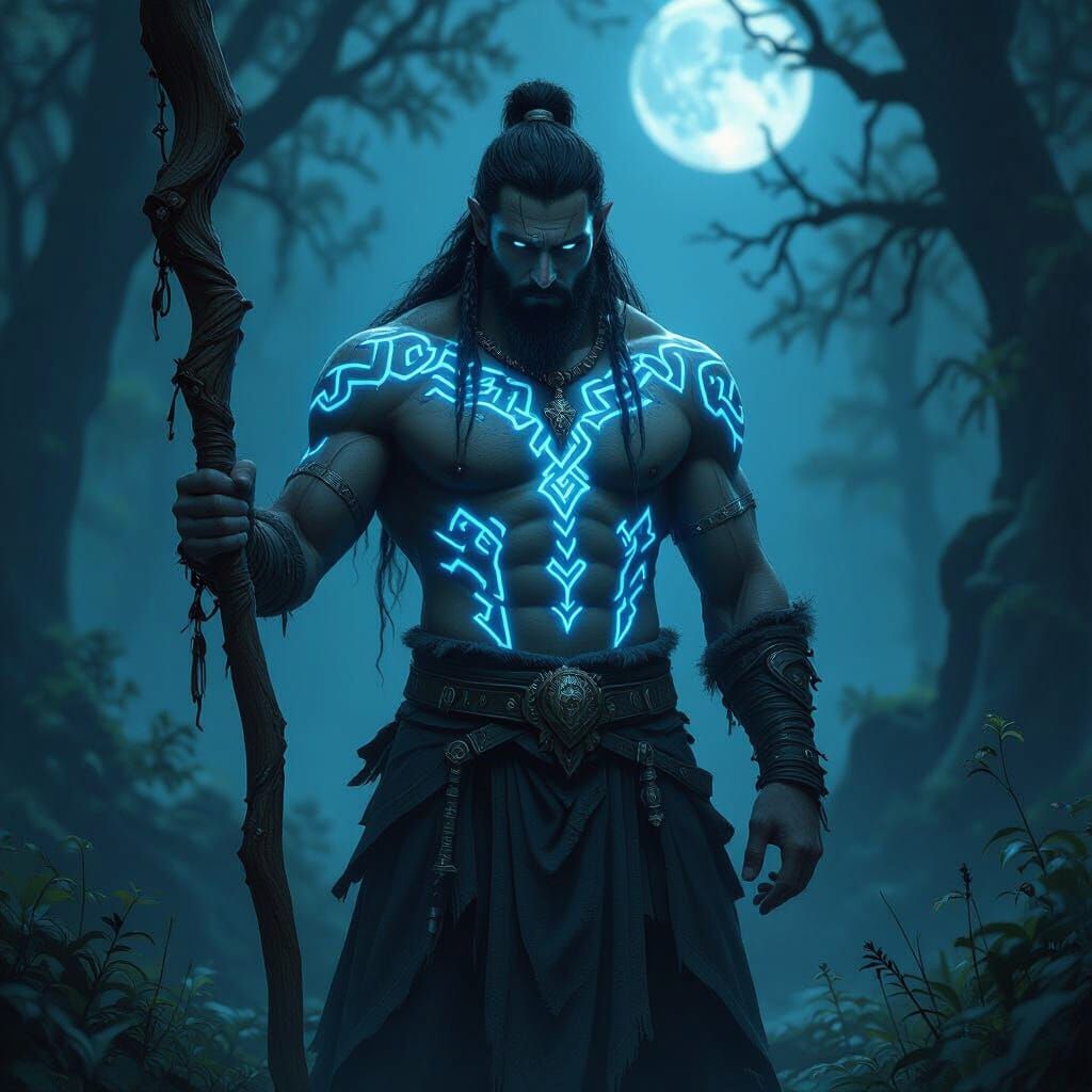 Dark Fantasy Goliath Mage Holding Staff in Moonlit Forest