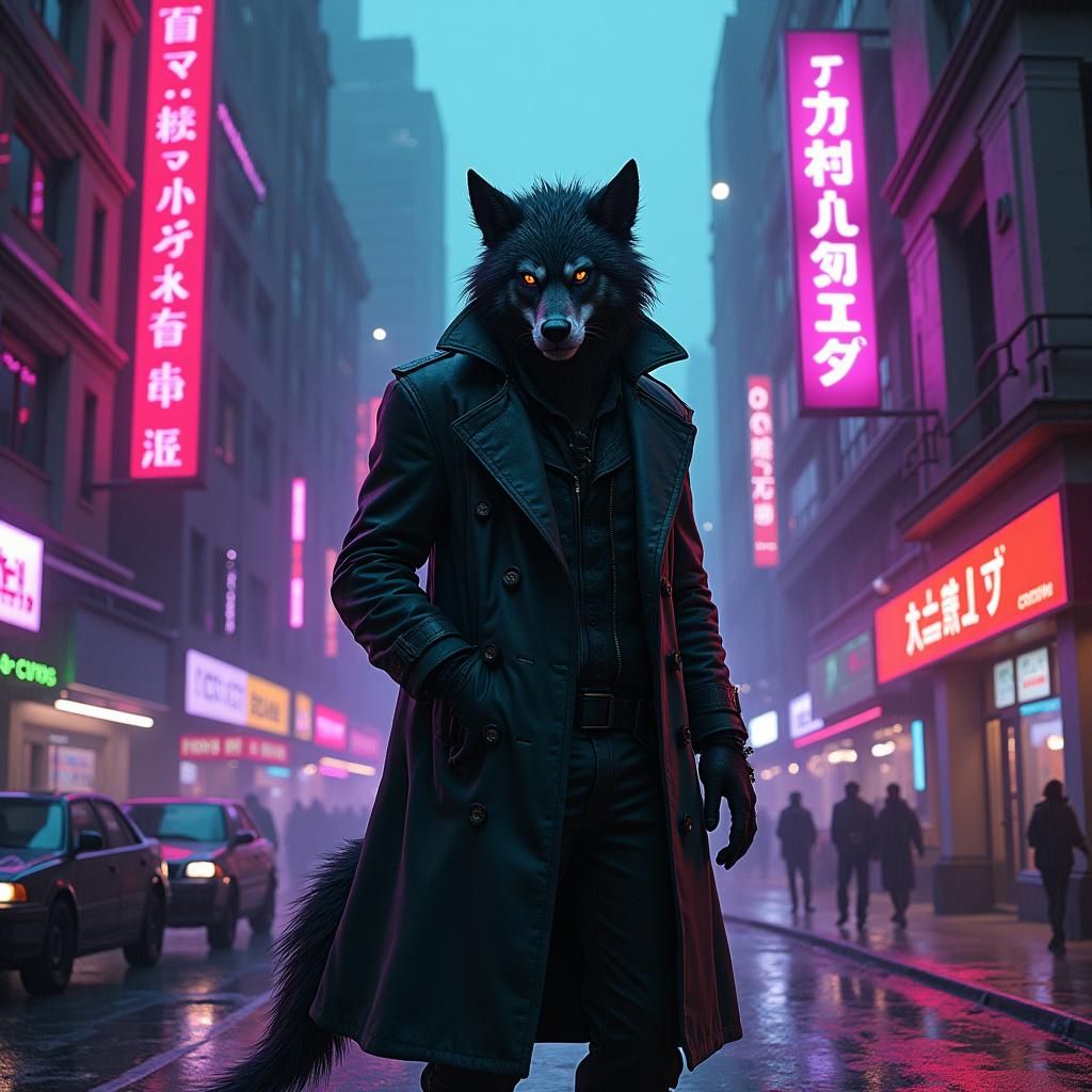 Werewolf Detective in Gritty Cyberpunk Cityscape
