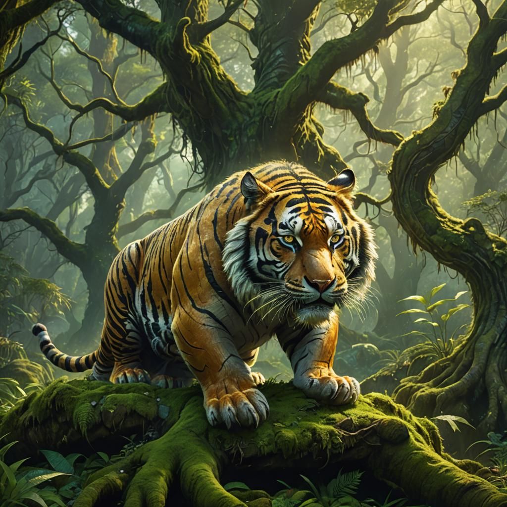 Earth Tiger in Lush Fantasy Landscape