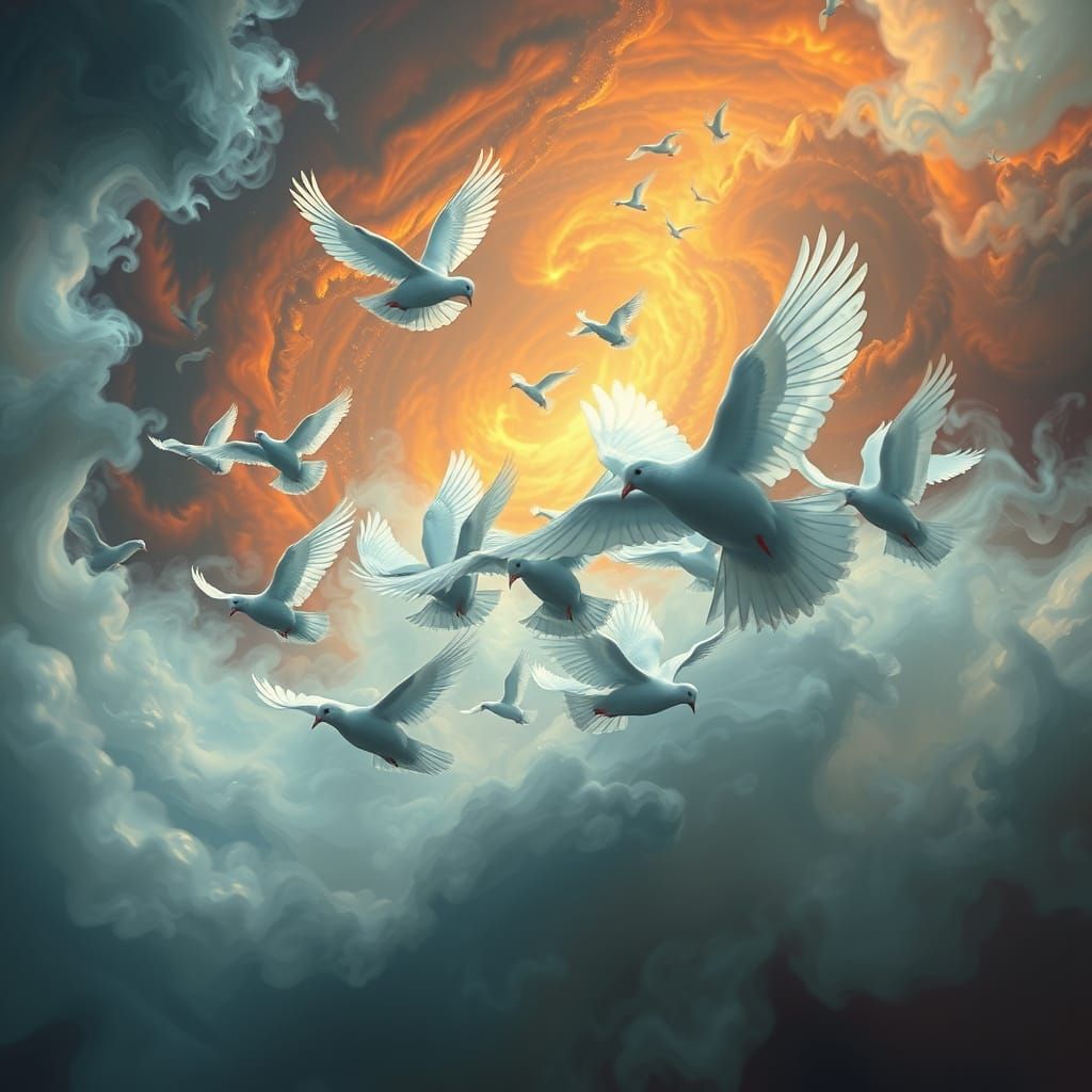 Majestic Doves Dissolve into Dreamlike Vortex