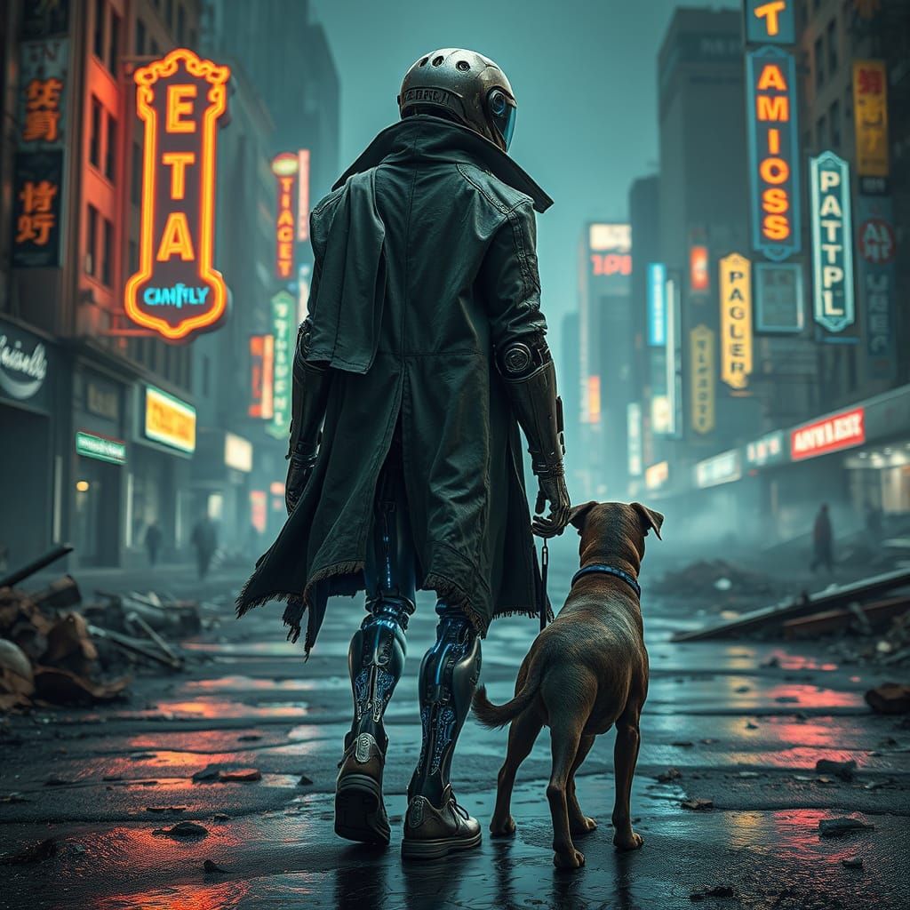 Cybernetic Android Trudges Through Futuristic City Ruins