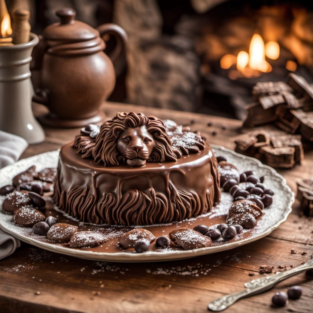 Luxurious Chocolate Lion Dessert on Rustic Table