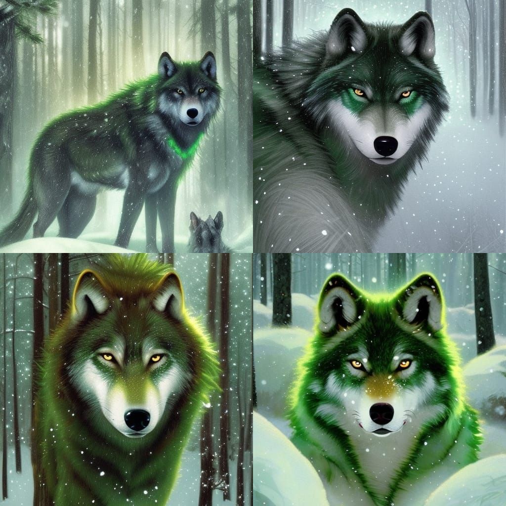 Festive Green Wolf Portrait with Christmas Lights