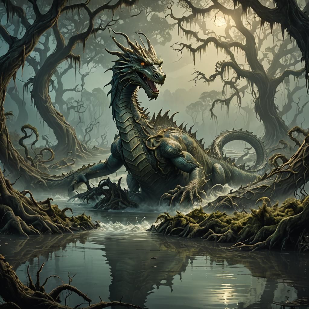 Bayou Serpent Dragon in Eerie Fantasy Art