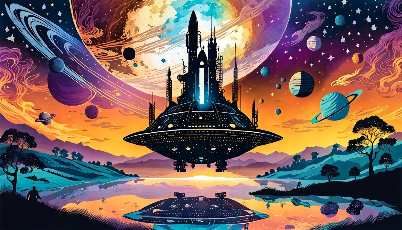 Silhouette Spaceship Ascends, Inspired by Samuel Palmer