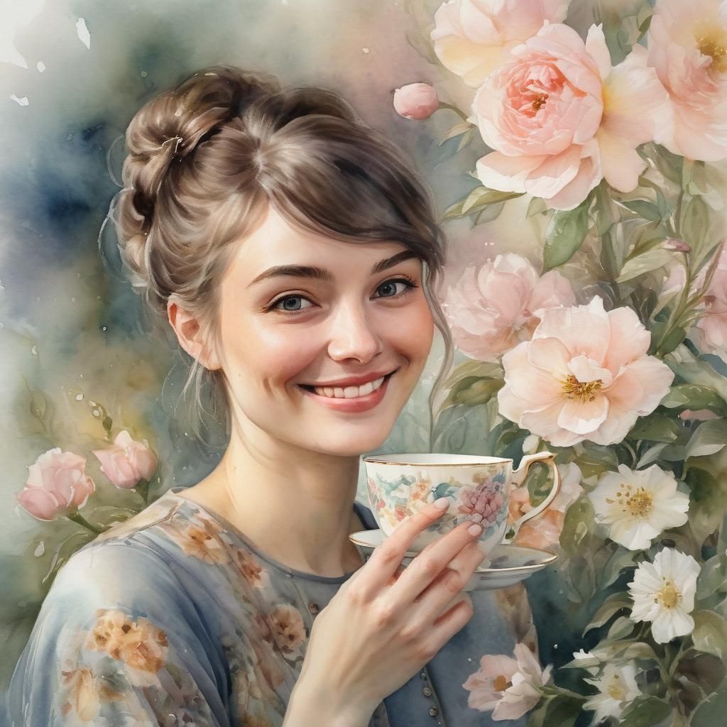 Watercolor Portrait of Smiling Girl with Tea