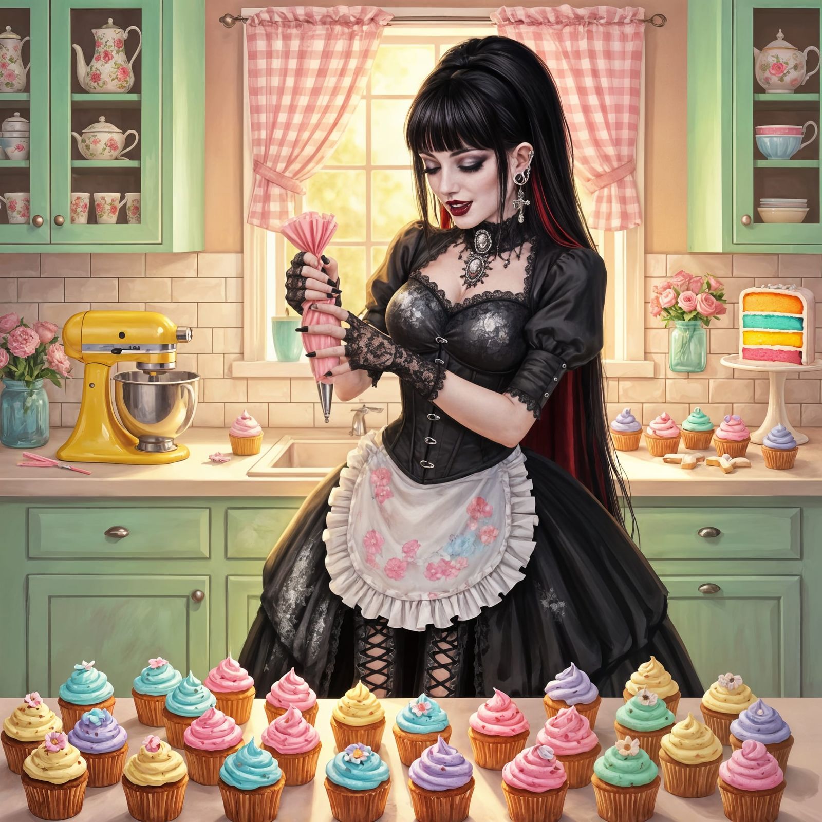 Gothic Woman Decorating Cupcakes in Pastel Bakery