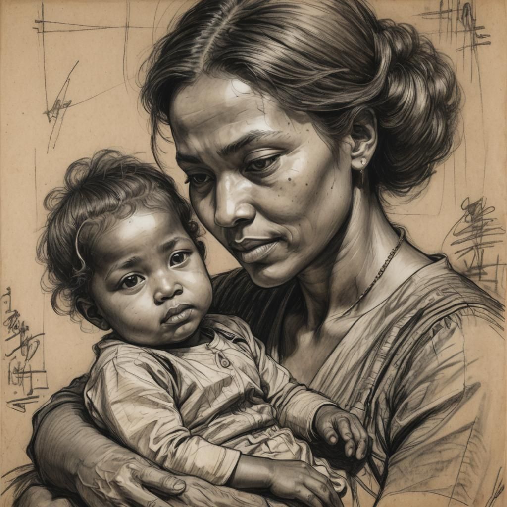 Detailed Charcoal Sketch: Nursing Mother and Child