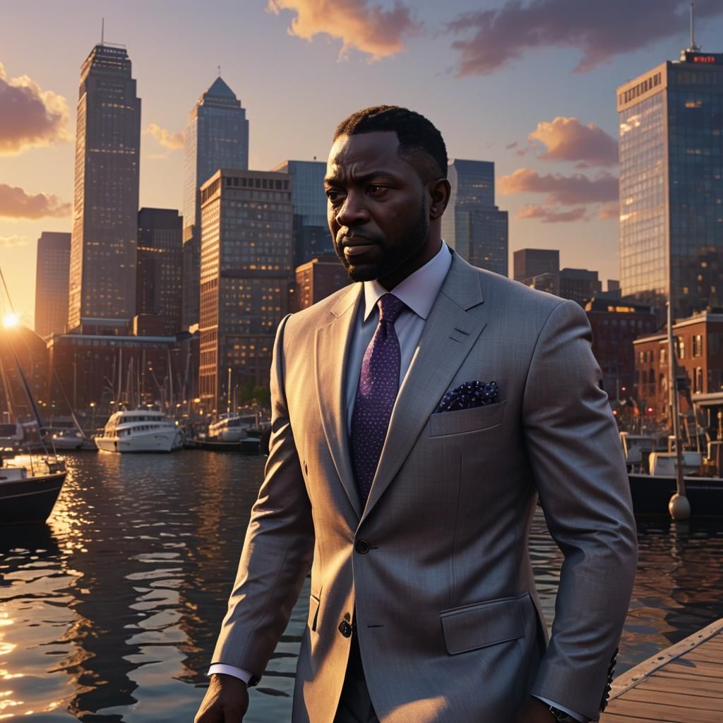 Ofori Walks Boston Harbor at Sunset: Fantasy Art
