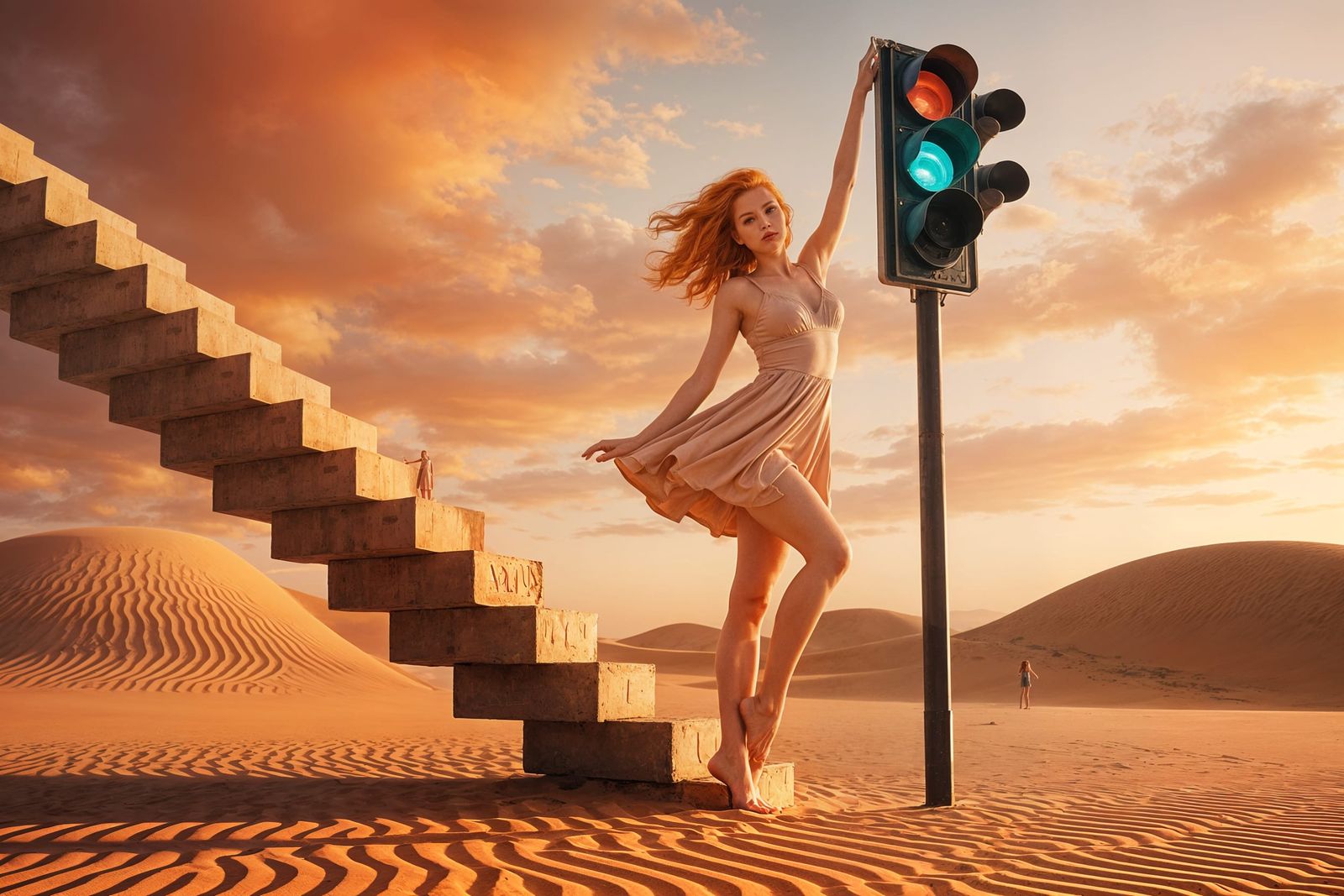 Surreal Desert Scene with Woman and Traffic Light
