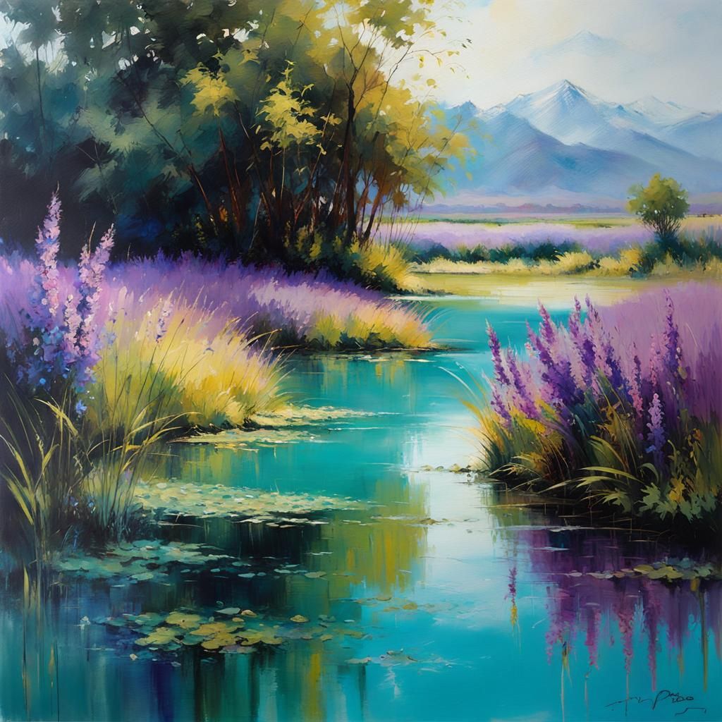 Shimmering Lavender Lake Painting in Fine Art Style
