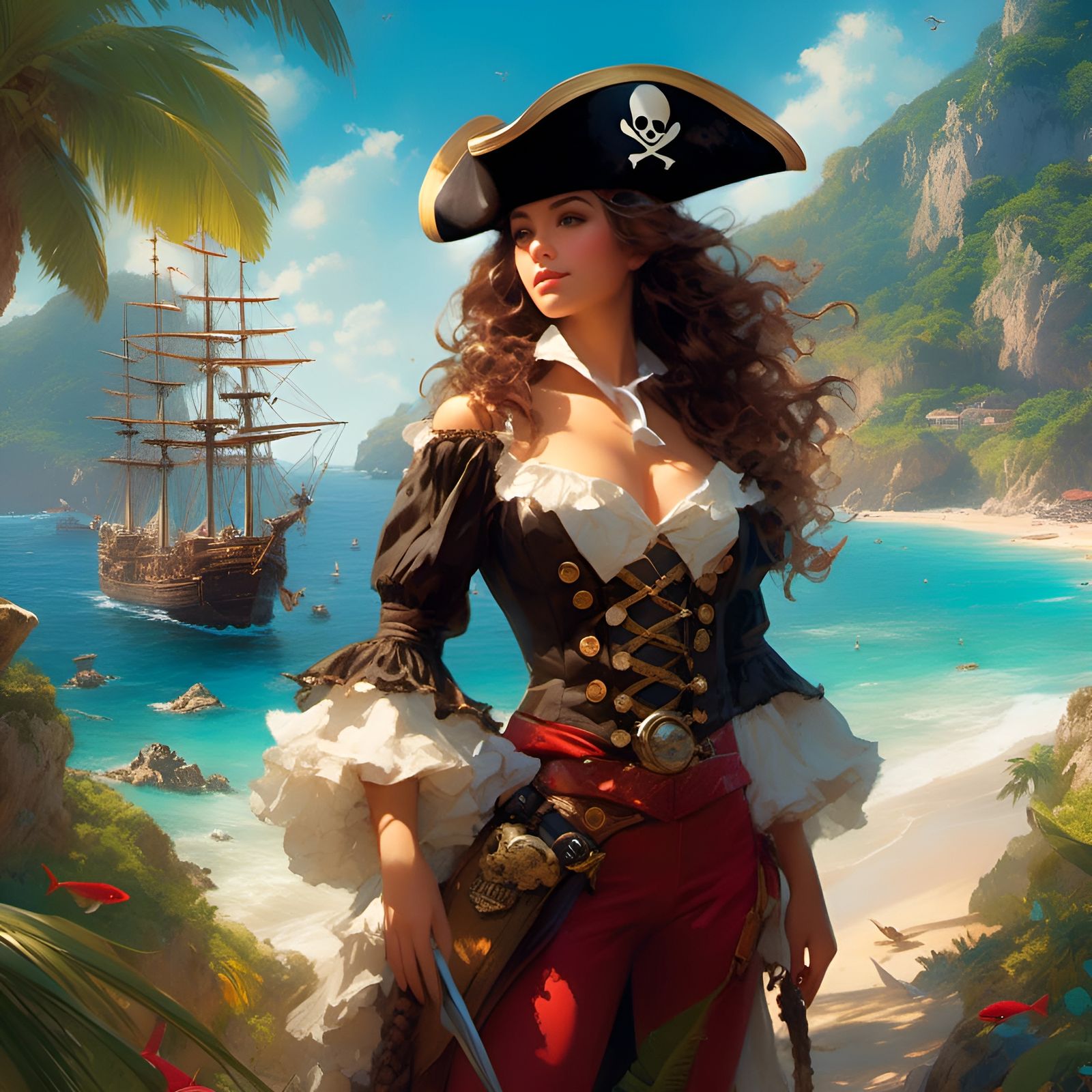 <lora:Endless Melody:1.0> Film poster profesional hiperrealistic of "the treasure island", pirate Barbarroja, a beautifu...