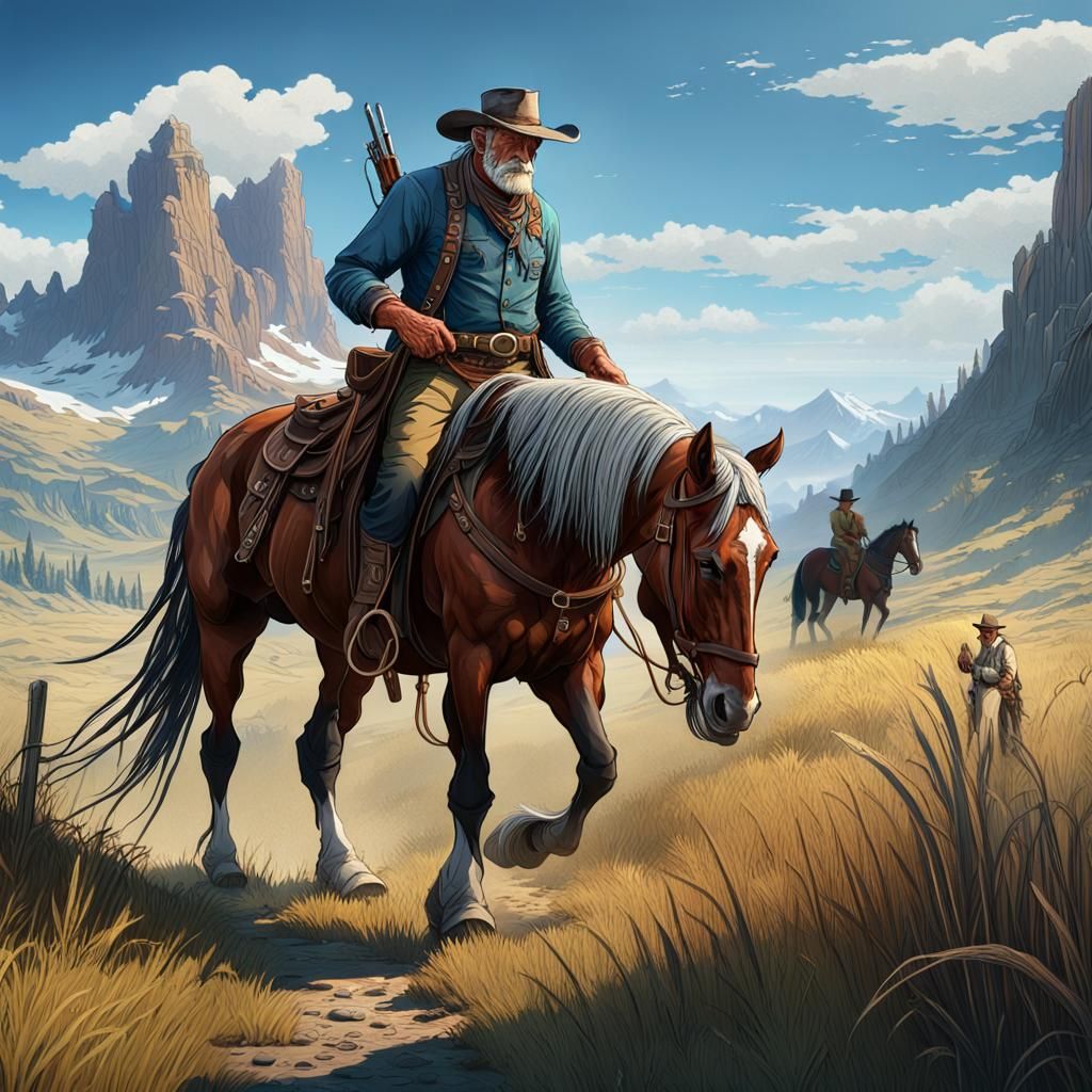 Cowboy and Horse in Field: Dark Fantasy Concept Art