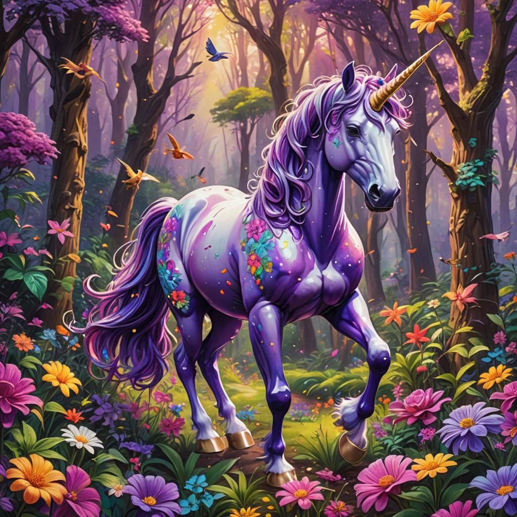 Purple Unicorn in Forest, Lisa Frank Style