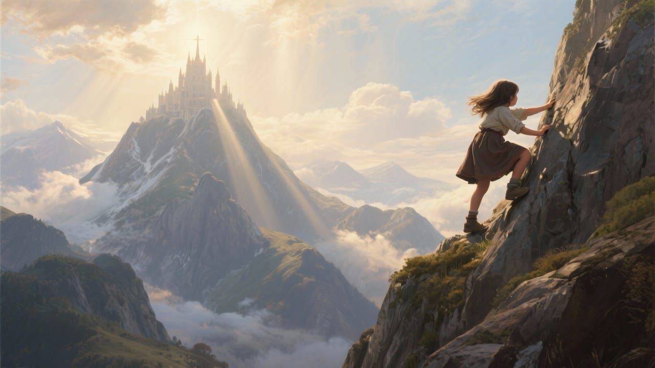 Girl Climbs Mountain to Castle in Divine Light