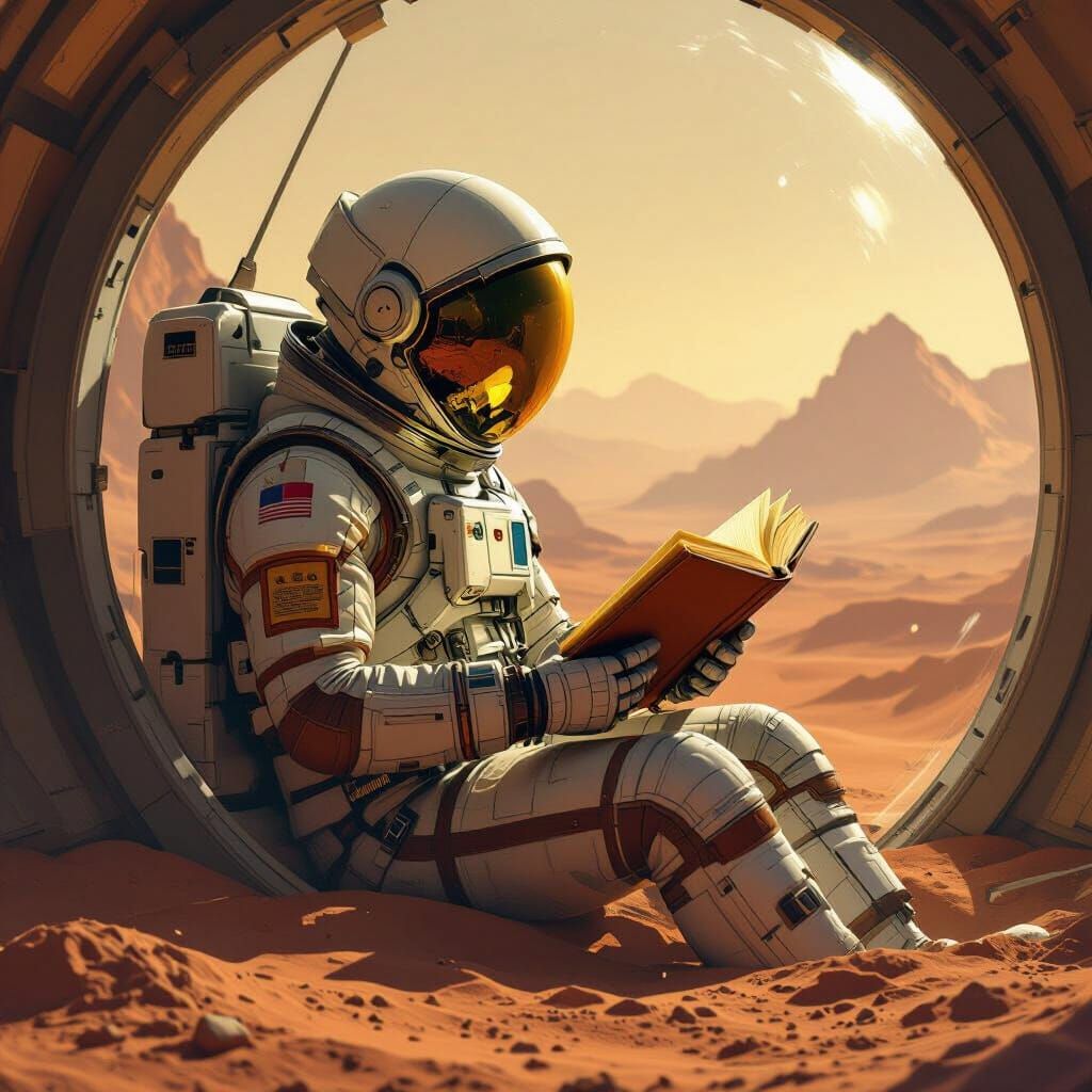 Astronaut Reads in Mars Biodome: Sci-Fi Art