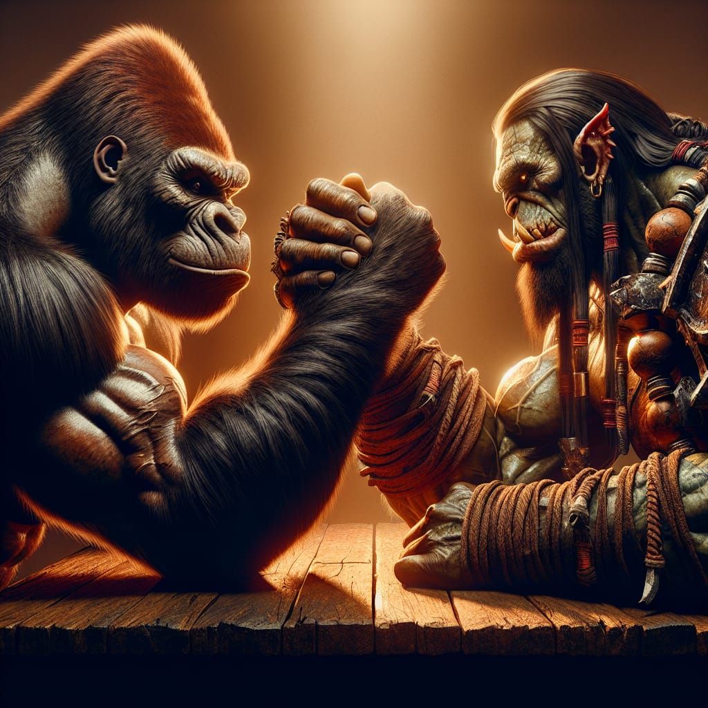 Intense Arm Wrestling Match: Gorilla Versus Orc