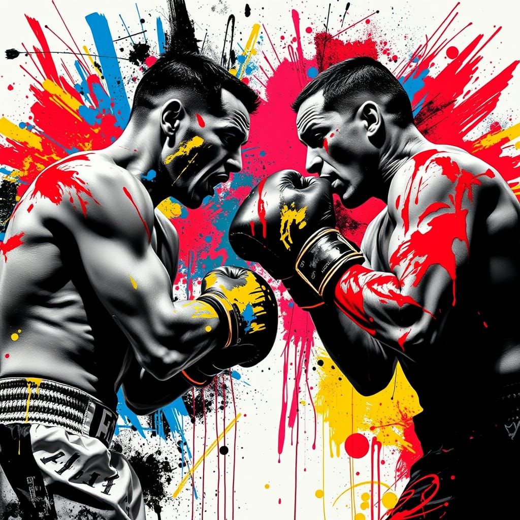 Boxers Clash in Vibrant Paint Splatter, Dynamic Poster Art