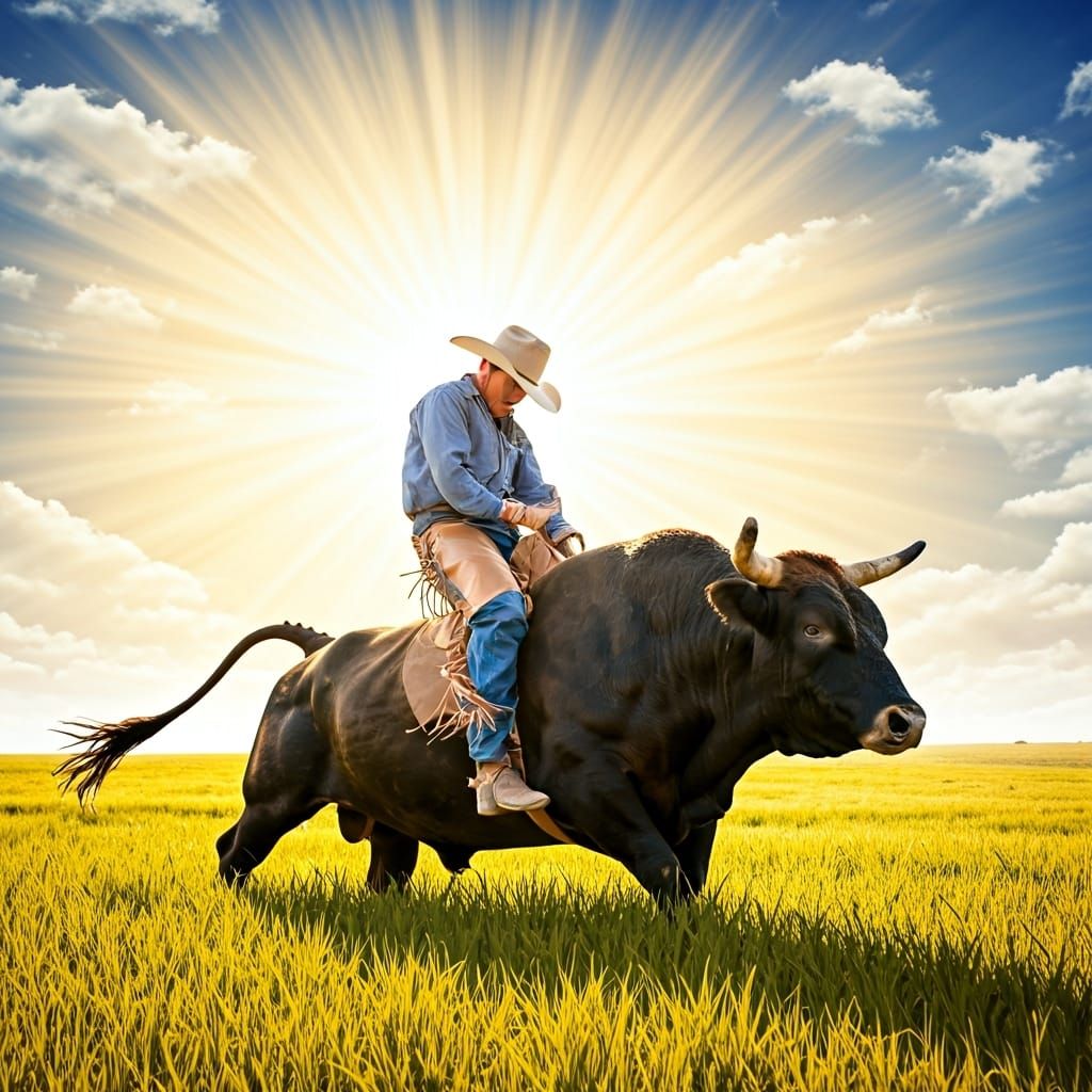 Cowboy Rides Bull in Divine Sunlight