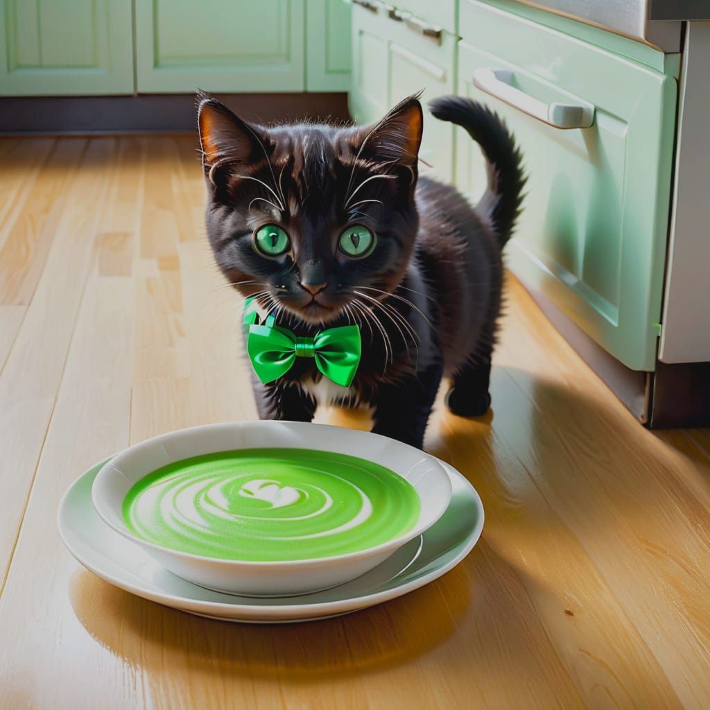Cute Kitty Laps Up Bright Green Milk in a Kitchen Scene
