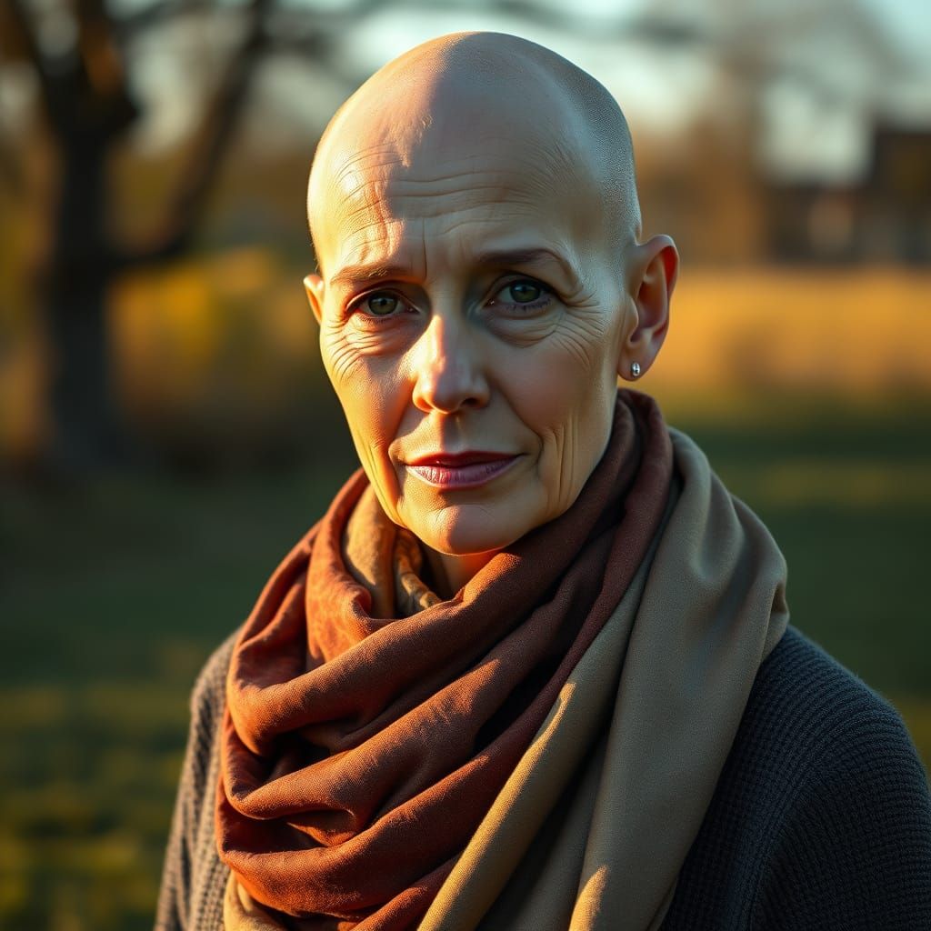 Confident Bald Woman in Serene Outdoor Setting