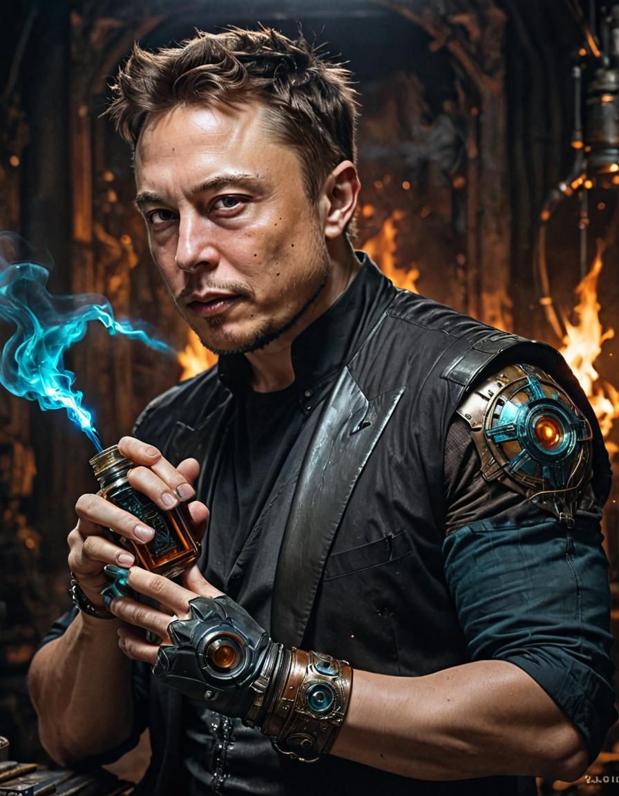 Elon Musk as Cyberpunk Technomancer Defeating Twitter Bots