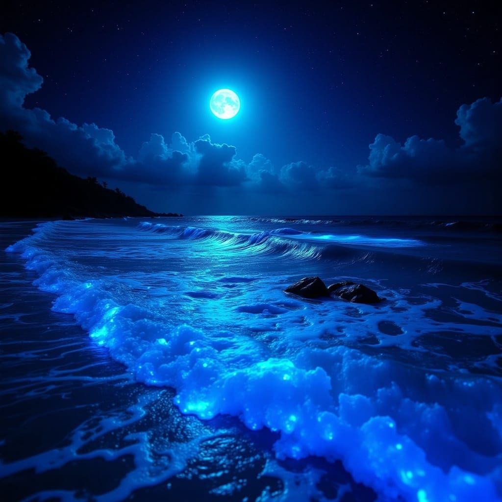 Bioluminescent Waves Under Moonlight in High-Fantasy Style