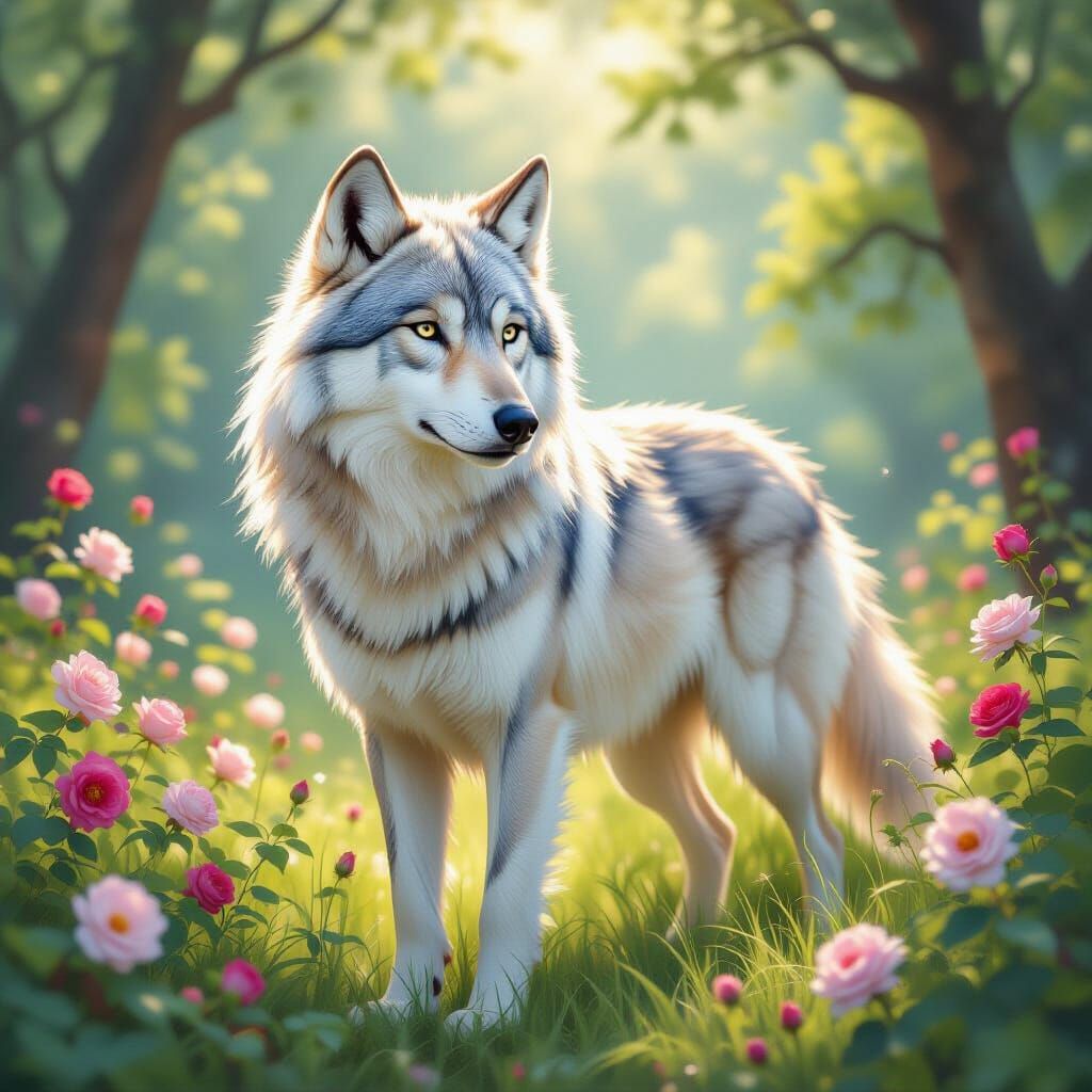 Majestic Opalescent Wolf in Enchanted Forest