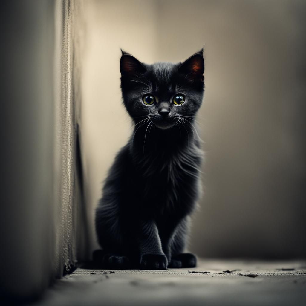 Small Afraid Cat in Dark Corner