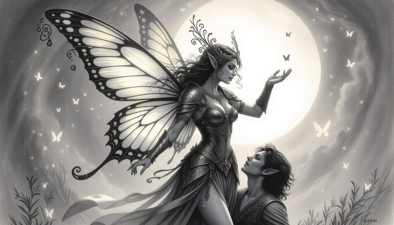 Fae Dancer and Mortal in Moonlight Charcoal Drawing