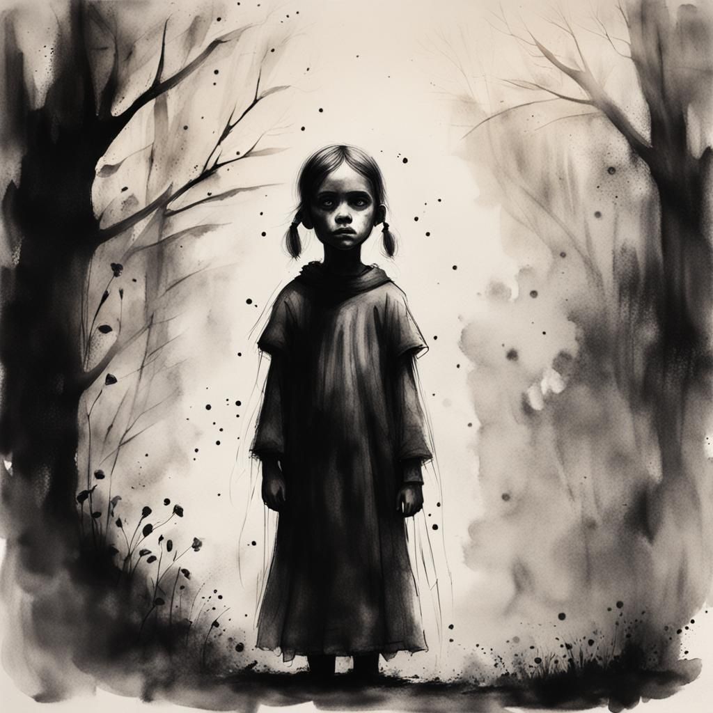 Ominous Ghost Child Ink and Charcoal Drawing