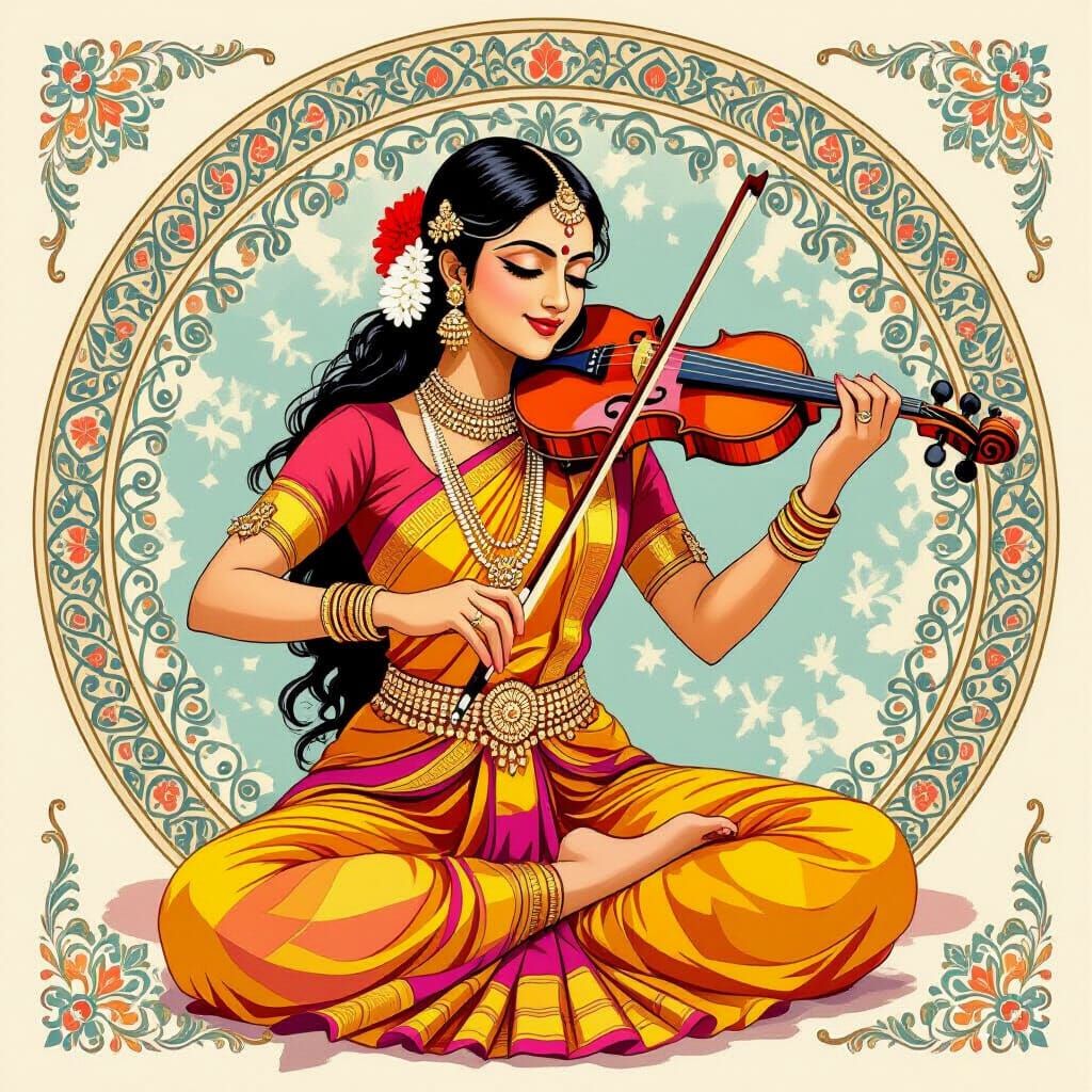 Odissi Dancer with Instruments in Watercolour Style