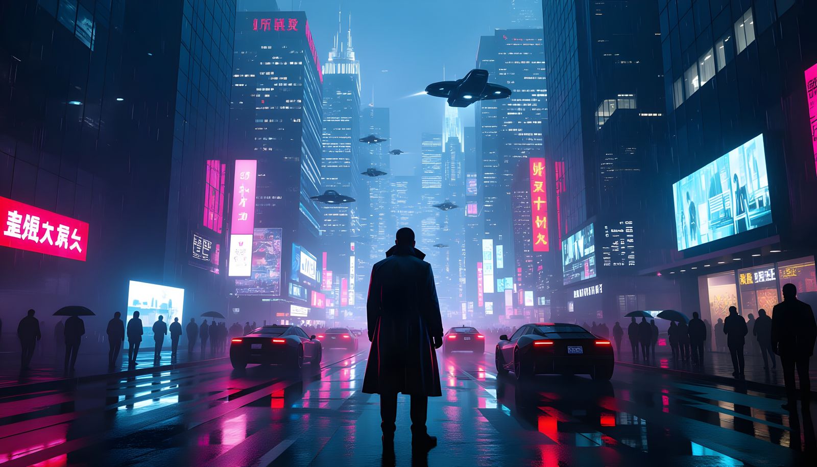 Cyberpunk Dystopian Cityscape at Night in the Rain