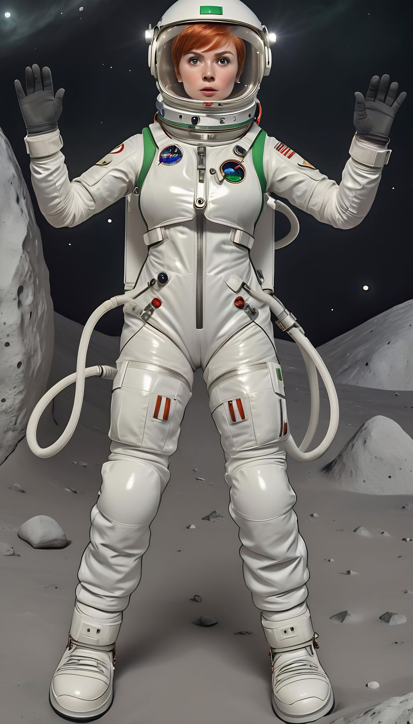 Astronaut Jess Summers, sensing danger immediately raised both of her hands. She is shocked after being confronted by th...
