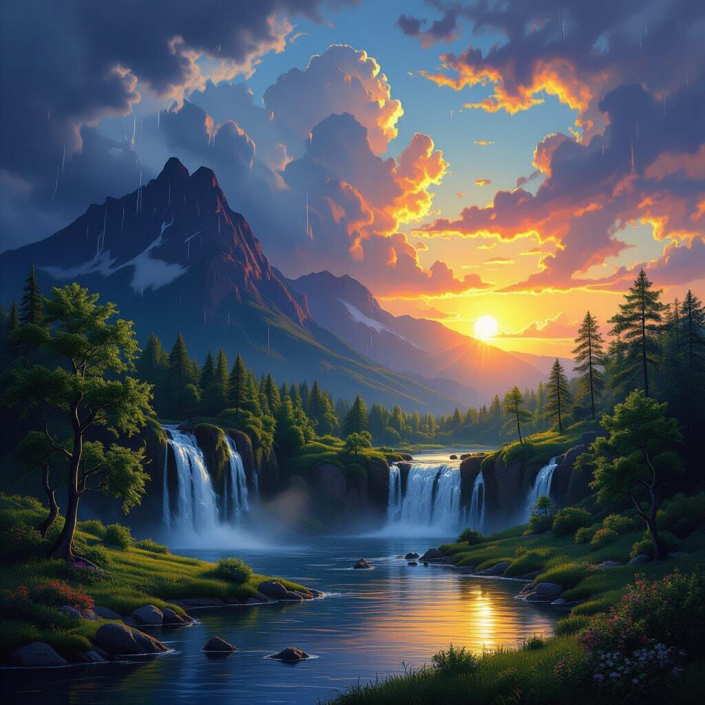 Vibrant Sunlit Landscape Meets Gloomy Mountain